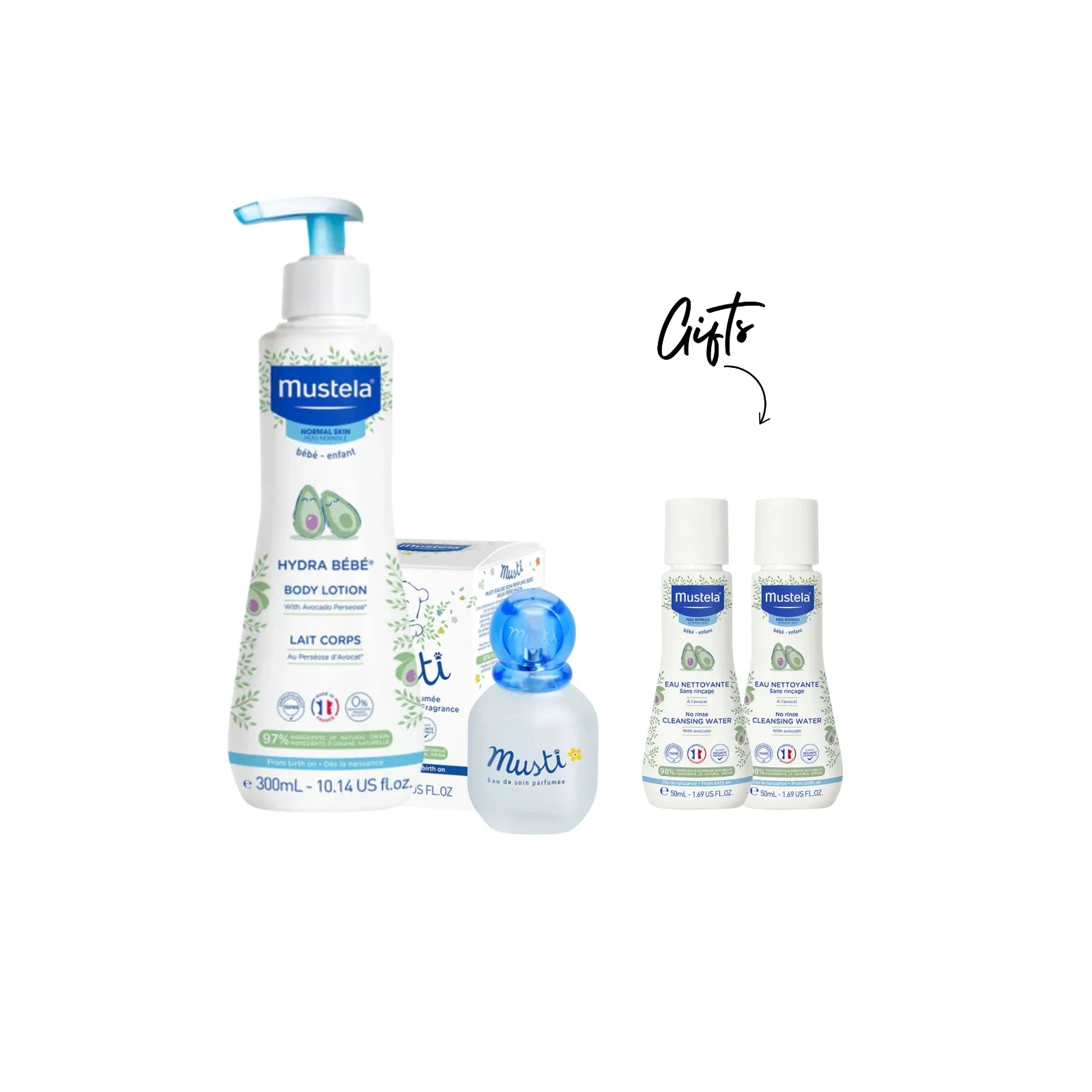 Buy one Hydra bebe corps 500 ml & 1 Musti 50 ml Get 2 Gel lavant 50 ml