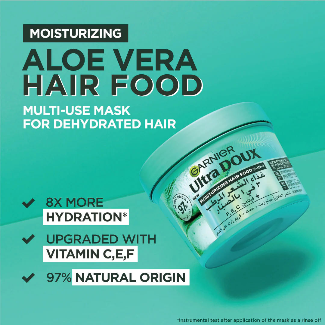Garnier Ultra Doux Aloe Vera Vegan Hair Food 3in1 Mask for dehydrated hair, Boosted with Vitamins C, E & F - Image 4