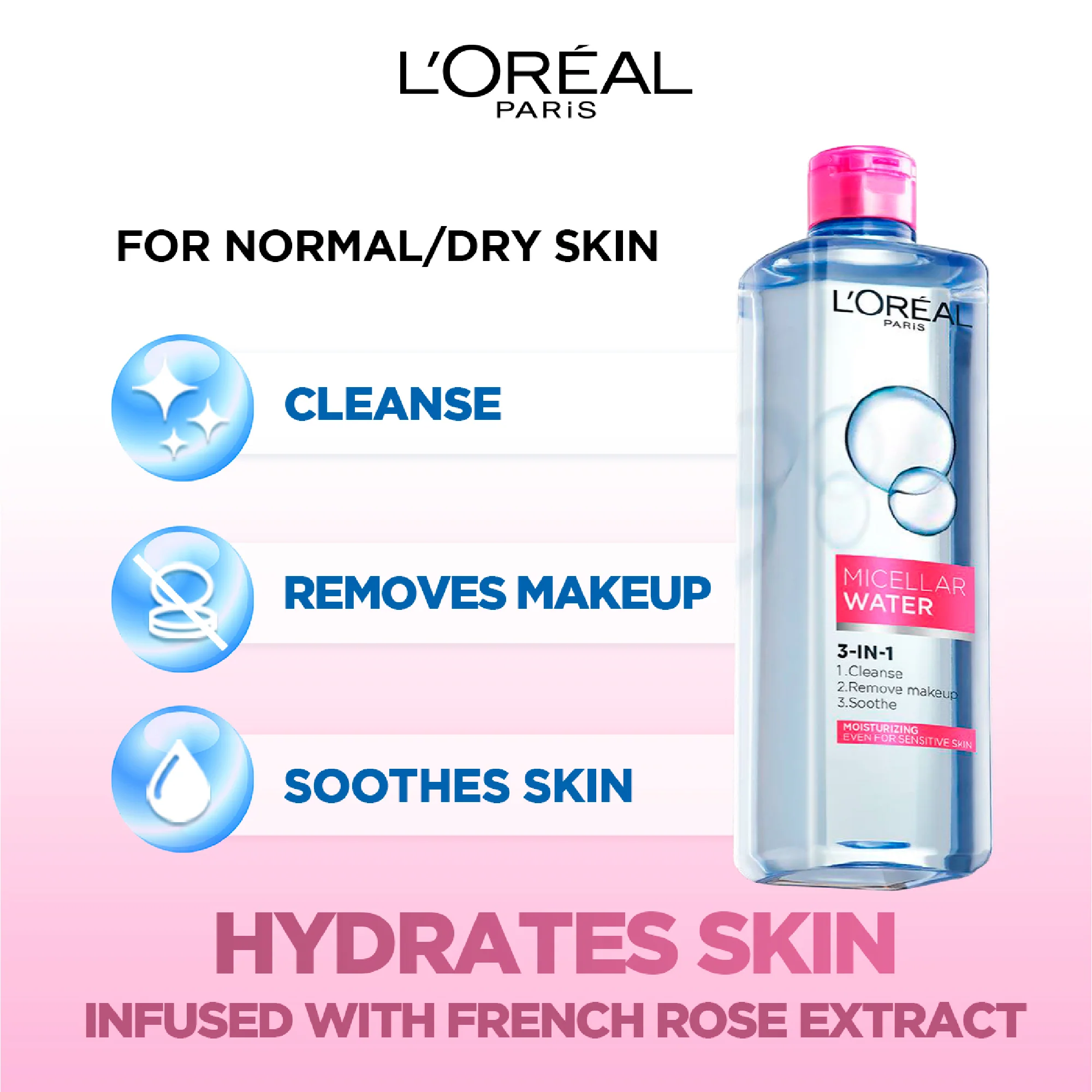 3-in-1 Refreshing and Moisturizing Micellar Water, Cleanse, Remove Makeup and Soothe, for Sensitive and Normal to Dry Skin - Image 4
